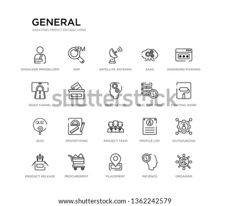 set of 20 line icons such as project team, prototyping, quiz, real time data, realization, referendum, road tunnel, saas, satellite antenna, sem. general outline thin icons collection. editable