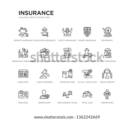 set of 20 line icons such as coverage area, legal expenses, bank safe, construction risk, marriage contract, small business insurance, pregnancy insurance, money insurance, safety education outline