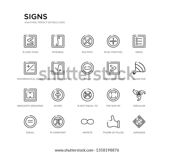 set of 20 line icons such as is not equal to,\
divide, brackets grouping, is greater than, minus, square root of\
x, mathematical basic, plus, positive, add,, multiply, integral.\
signs outline thin