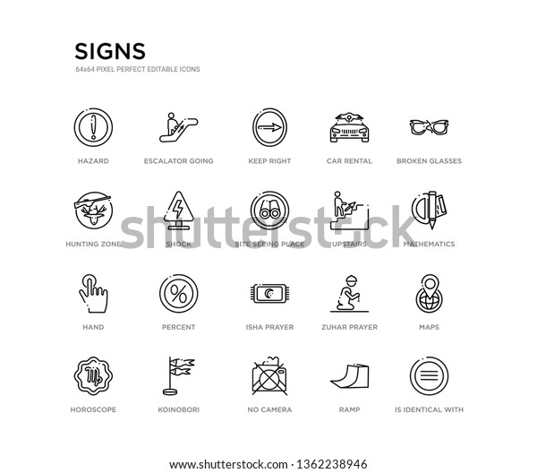 set of 20 line icons such as isha prayer,\
percent, hand, upstairs, site seeing place, shock, hunting zone,\
car rental, keep right, escalator going down. signs outline thin\
icons collection. editable