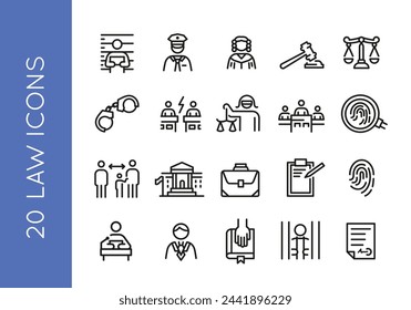 Set of 20 line law icons featuring justice, legal, court, judge, lawyer, gavel, scales, handcuffs, police, documents. Vector illustration