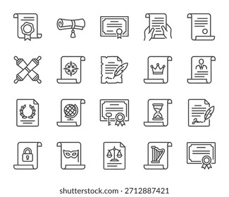 Conjunto de 20 iconos vectoriales de línea: pergaminos, certificados, diplomas y documentos vintage con sellos, cintas y púas. Diseño de contorno limpio aislado sobre fondo blanco.