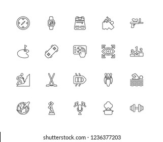 Set Of 20 linear Activities icons such as Gym, Cooking, Singing, Warming up, Travelling, Paintball, Cleaning, Rafting, Hiking, Skateboard, Backpack, editable stroke vector icon pack