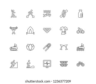 Set Of 20 linear Activities icons such as Bmx, Biking, Vitamin, Canoe, Mountaineering, Parkour, Hang out, Workout, editable stroke vector icon pack