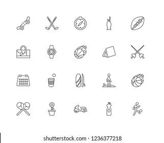 Set Of 20 linear Activities icons such as Freestyle, Water bottle, Motorcycle, Gardening, Boxing, Rugby ball, Camping, Surfboard, Calendar, Watches, Compass, editable stroke vector icon pack