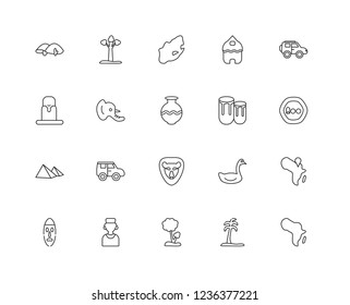 Set Of 20 linear Africa icons such as Africa, Oasis, Tree, African, Mask, Car, African drum, Lion, Pyramids, Elephant, South africa, editable stroke vector icon pack