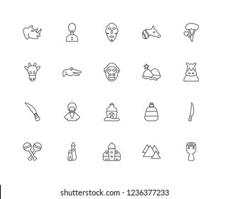Set Of 20 linear Africa icons such as African drum, Pyramids, House, Monument, Maraca, Marula, River, Hut, Knife, Crocodile, Mask, editable stroke vector icon pack