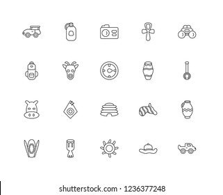 Set Of 20 linear Africa icons such as Pickup truck, Hat, Sun, African drum, Shield, Binoculars, Conga, Cradle of humankind, Hippopotamus, Giraffe, Photo camera, editable stroke vector icon pack