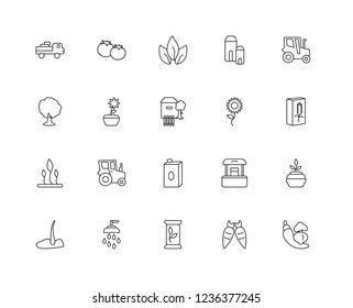 Set Of 20 linear agriculture icons such as Vegetable, Carrots, Seeds, Sprinkler, Tractor, Sunflower, Milk, Sprout, Plant, Leaf, editable stroke vector icon pack