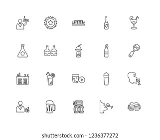 Set Of 20 Linear Alcohol Icons Such As Cheers, Wine Tasting, Barrel, Beer, Bartender, Cocktail, Cork, Bar, Shot, Editable Stroke Vector Icon Pack