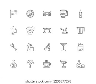 Set Of 20 linear Alcohol icons such as Whisky, Coffee, Corkscrew, Brandy, Beer, Cigarrete, Champagne, Bottle opener, Table, editable stroke vector icon pack