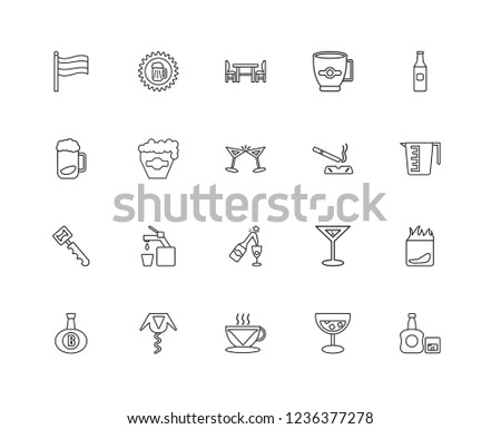 Set Of 20 linear Alcohol icons such as Whisky, Coffee, Corkscrew, Brandy, Beer, Cigarrete, Champagne, Bottle opener, Table, editable stroke vector icon pack