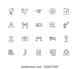 Set Of 20 linear alert icons such as Lifesaver, Band, Jerrycan, Helipad, Ladder, Lifeboat, Stretcher, Bollard, editable stroke vector icon pack