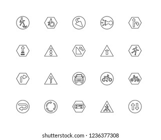 Set Of 20 linear alert icons such as Two way, Pedestrian, Bus, Roundabout, Turn left, right, Ahead, Car, Traffic light, editable stroke vector icon pack