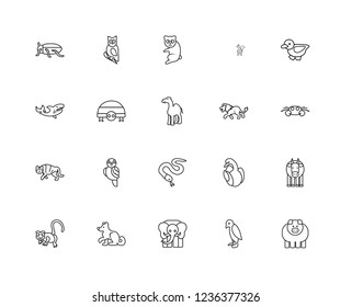 Set Of 20 linear Animals icons such as Pig, Penguin, Elephant, Siberian husky, Chameleon, Duck, Lion, Snake, Tiger, Turtle, Sloth, editable stroke vector icon pack