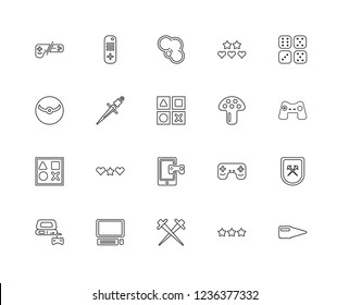 Set Of 20 linear Arcade icons such as Bullet, Game, Sword, Pc, Play, Dices, Mushroom, Gaming, Game center, editable stroke vector icon pack