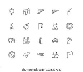 Set Of 20 linear army icons such as Flag, Toxic, Helicopter, Cannon, Aim, Dinamite, Soldier, Bullets, Military vehicle, Bombs, Gun, editable stroke vector icon pack