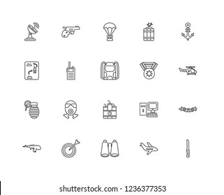 Set Of 20 linear army icons such as Knife, Airplane, Binoculars, Target, Rifle, Anchor, Medal, Explosive, Granade, Walkie talkie, Parachute, editable stroke vector icon pack
