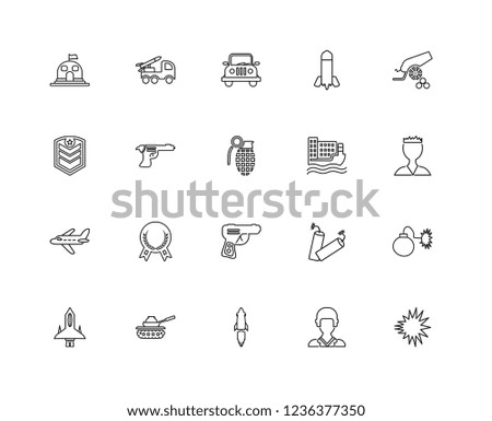 Set Of 20 linear army icons such as Explosion, Soldier, Missile, Tank, Jet, Canon, Ship, Gun, Plane, Jeep, editable stroke vector icon pack