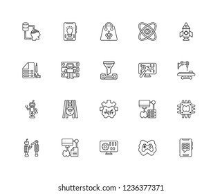 Set Of 20 linear Artificial Intelligence icons such as Smartphone, Mechanical arm, Rocket, Science, Robot, Database, Check list, editable stroke vector icon pack