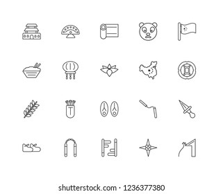 Set Of 20 linear Asian icons such as Rope, Shuriken, Tonfa, Nunchaku, Shoe, China, Sandals, Spike, Lantern, Silk, editable stroke vector icon pack