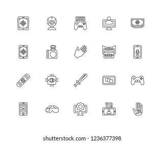 Set Of 20 linear Augmented Reality icons such as Wi gloves, Smartphone, Television, Monitor, Webcam, Depth perception, editable stroke vector icon pack