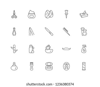 Set Of 20 linear Beauty icons such as Barber Shop, Makeup Brush, Wet Wipes, Tint Hair Spray, Cream, Big Moustache, Tweezers, editable stroke vector icon pack