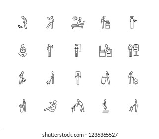 Set Of 20 linear behavior icons such as Stick Man Excersicing, Climbing Stairs, Graduated, Falling, Prune Hedge, wirth Carry, Spraying Deodorant, editable stroke vector icon pack