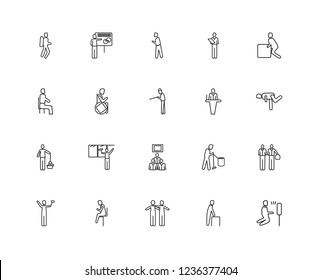 Set Of 20 linear behavior icons such as Man Warming Up, Two Friends, Sitting with Headache, Driving, Old Cane, editable stroke vector icon pack