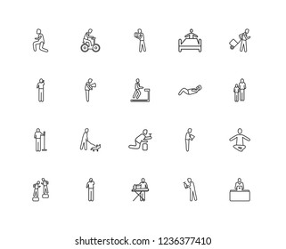 Set Of 20 linear behavior icons such as Man Riding Bicylce, Spraying, Travelling, Brushing Teeth, Helping a to Climb, Yoga Position, Shouting, editable stroke vector icon pack