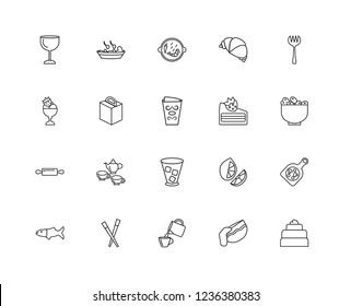 Set Of 20 linear bistro and restaurant icons such as Combine Meal, Appetizers Bowl, Salad Fork, Chopsticks, Kitchen Fish, Pepperoni Pizza, Food Box, editable stroke vector icon pack