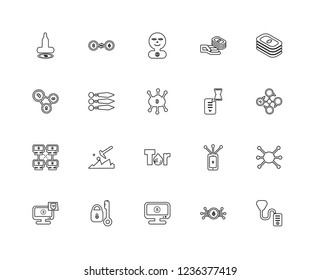 Set Of 20 linear Blockchain icons such as Cryptocurrency, Ethereum, Money transfer, Key, Browser, Money, Hourglass, Tor, Networking, Blockchain, Hacker, editable stroke vector icon pack