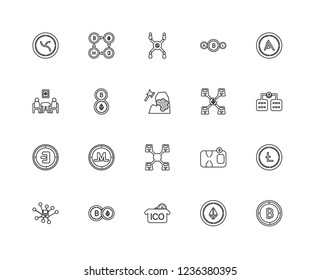 Set Of 20 linear Blockchain icons such as Bitcoin, Ethereum, Ico, Exchange, Peer to peer, Ardor, Blockchain, Dash, Network, editable stroke vector icon pack