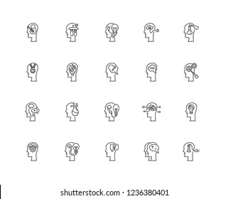 Set Of 20 linear Brain process icons such as Idea, Thinking, Lighthouse, editable stroke vector icon pack