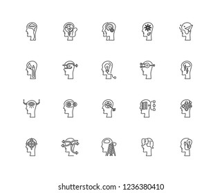 Set Of 20 linear Brain process icons such as Idea, Brainstorm, Imagination, Relaxation, Concentration, Think, Planning, Creativity, editable stroke vector icon pack