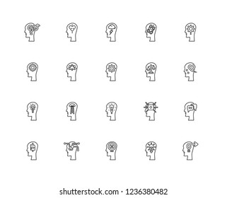 Set Of 20 linear Brain process icons such as Initiative, Solution, Failure, Opportunities, Memory, Thinking, Balance, Creativity, Idea, Relax, Brainstorm, editable stroke vector icon pack