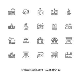 Set Of 20 linear buildings icons such as Prison, Airport, State Building, Mosque, School, Fire Station, Library, White House, editable stroke vector icon pack