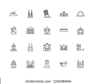 Set Of 20 linear buildings icons such as Church, Gateway, White house, Pagoda, Petronas towers, Gurdwara, Windmill, editable stroke vector icon pack