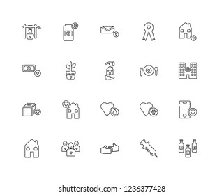 Set Of 20 linear charity icons such as Clean Water, Hospital, Animal Shelter, Ribbon, Hut, Cash Box, Dog Pawprint, Money, editable stroke vector icon pack