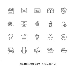 Set Of 20 linear Cinema icons such as Nachos, Famous cinema star, Tickets, Film counter, Armchair, borders, 3D glasses, Reel, editable stroke vector icon pack