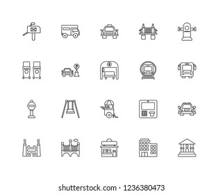 Set Of 20 linear city elements icons such as Museum, Buildings, Store, Bridge, Factory, Hydrant, Subway, Food cart, Stop, Parking, Taxi, editable stroke vector icon pack