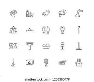 Set Of 20 linear Cleaning icons such as Apron, Soap, Flowers, , Duster, Hand wash, Cleaning, Bucket, Container, Hanger, Gloves, editable stroke vector icon pack