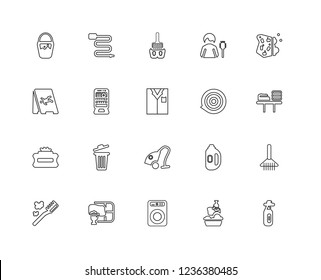 Set Of 20 linear Cleaning icons such as spray, Iron, Sponge, Cleaner, Toothbrush, Hose, Detergent, Wet floor, editable stroke vector icon pack
