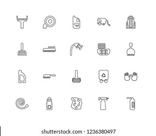 Set Of 20 linear Cleaning icons such as Hand soap, Spray, Sponge, Cleaning, Hose, Trash, Clean clothes, Duster, Detergent, Brush, Softener, editable stroke vector icon pack