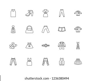 Set Of 20 Linear Clothes Icons Such As Tulle Skirt, Denim Jacket, Shirt, Leggins, Suit Pants, Platform Sandals, Trench Coat, One Shoulder Dress, Editable Stroke Vector Icon Pack