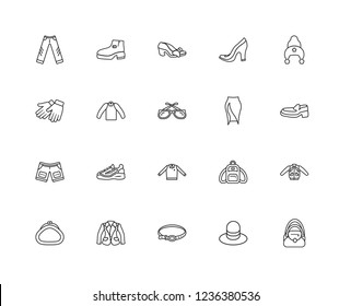 Set Of 20 linear Clothes icons such as Bag, Leather Shoes, Knit Hat with pom pom, High Heels, Purse, Chelsea Boots, Backpack, gloves, editable stroke vector icon pack