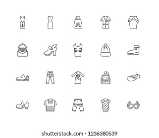 Set Of 20 linear Clothes icons such as Shutter Sunglasses, Wool Boots, Peplum Skirt, Lyocell Shirt Dress, Flat Shoes, Long Sleeveless Bucket Bag, Hobo editable stroke vector icon pack