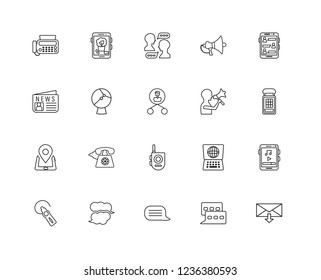 Set Of 20 linear Communication icons such as Email, Phone booth, Chat, Megaphone, Hands free, Video Laptop, Newspaper, editable stroke vector icon pack