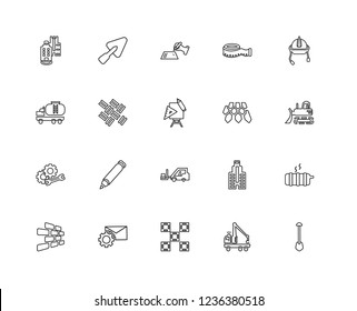 Set Of 20 linear construction icons such as Big Shovel, Tow truck, Tile, Mail, Brickwall, Helmet, Roof, Forklift, Progress, Parquet, Contract, editable stroke vector icon pack