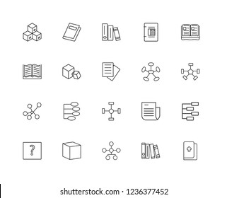 Set Of 20 linear content icons such as Book, Hierarchical structure, Cube, Other, Open book, Nodes, Blocks, editable stroke vector icon pack
